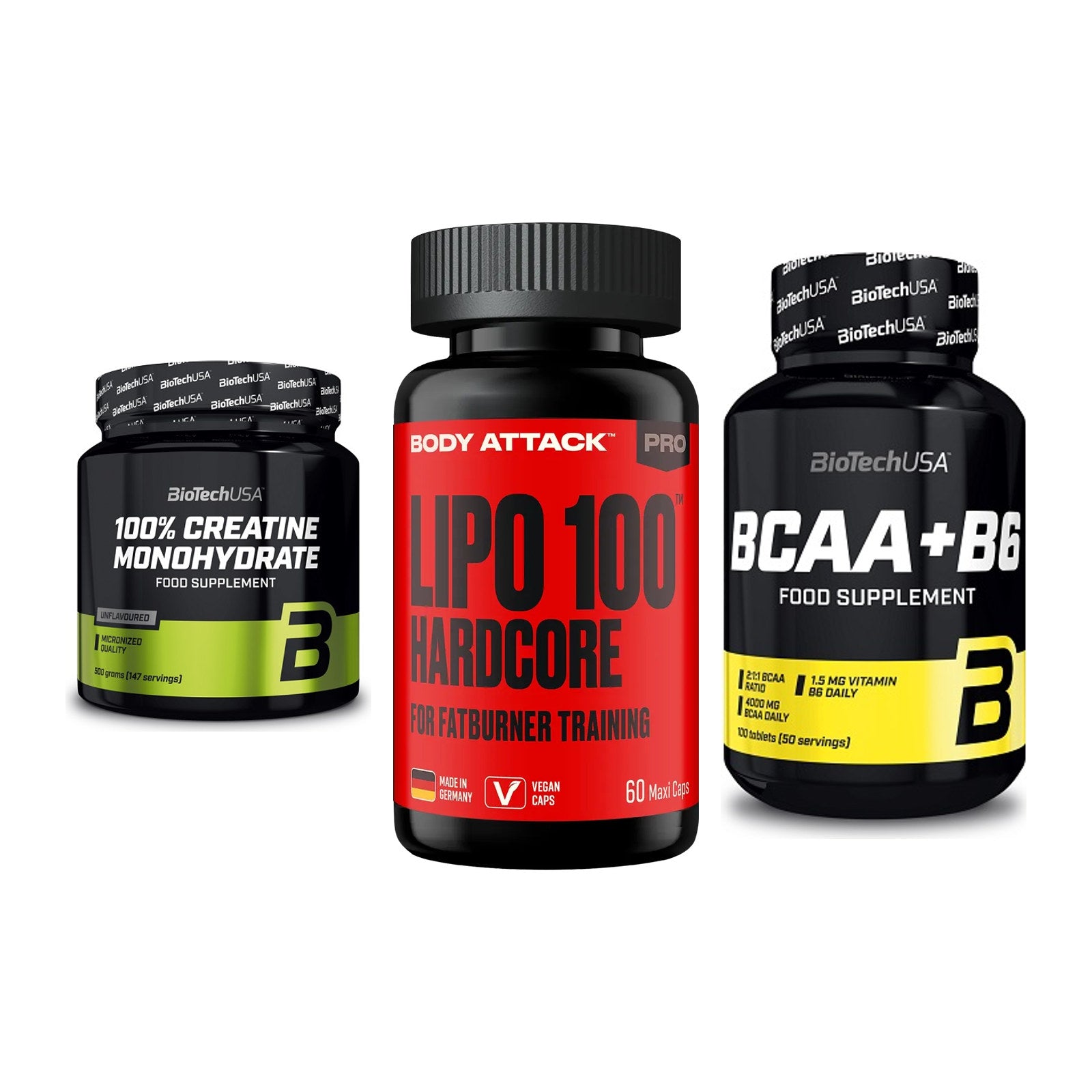 Kraft-Stack: BioTech Creatine + Body Attack LIPO + BioTech BCAA+B6 – alle enthaltenen Artikel