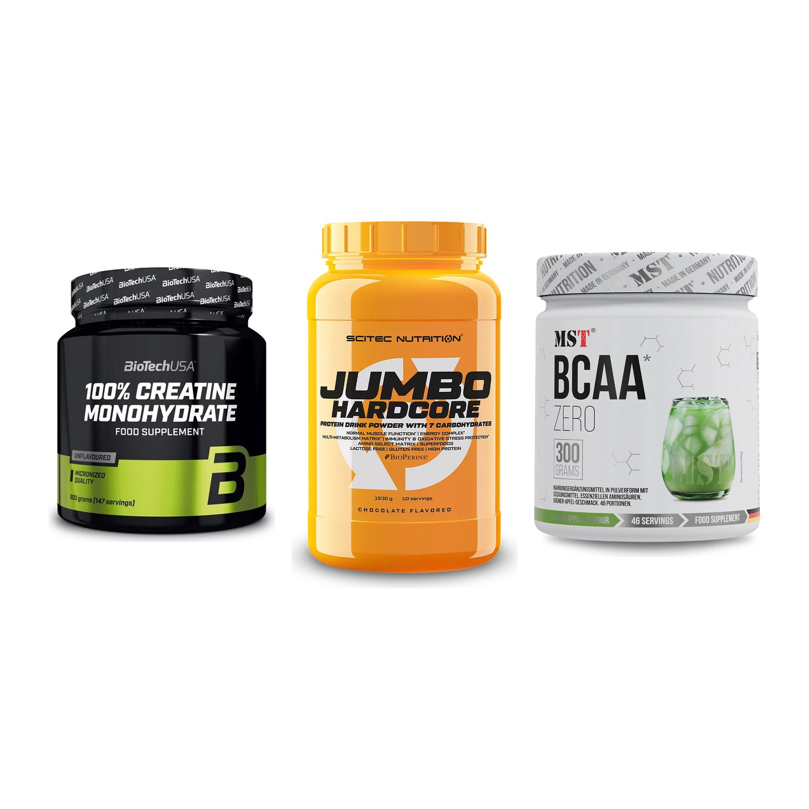 Kraft-Stack: BioTech Creatine + Scitec Jumbo + MST BCAA Zero – alle enthaltenen Artikel