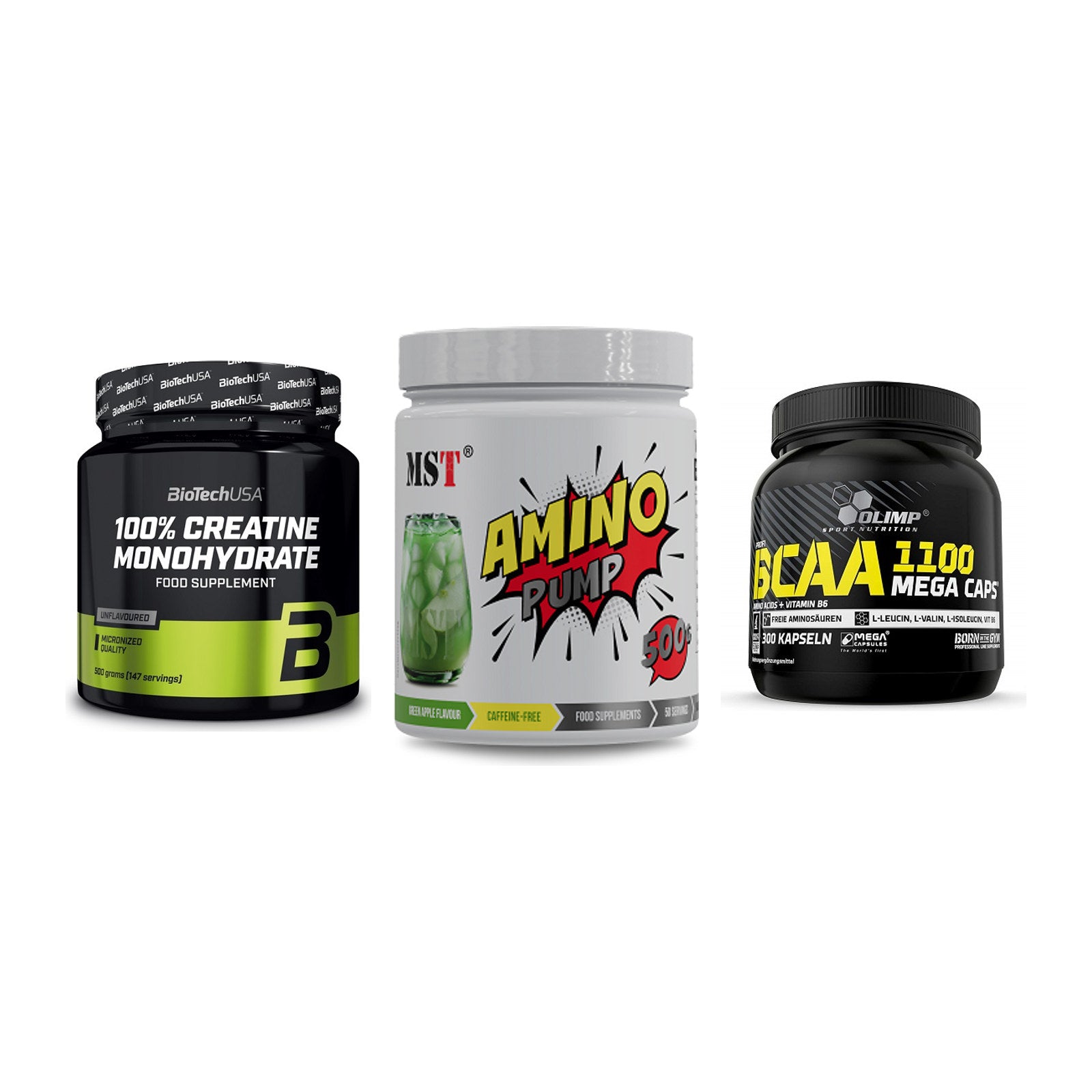 Kraft-Stack: BioTech Creatine + MST Amino Pump + Olimp BCAA Mega – alle enthaltenen Artikel