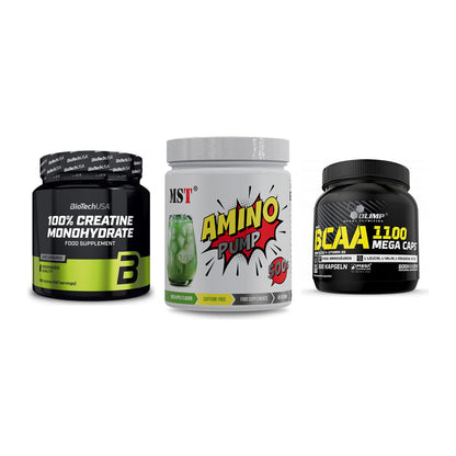 Kraft-Stack: BioTech Creatine + MST Amino Pump + Olimp BCAA Mega – alle enthaltenen Artikel