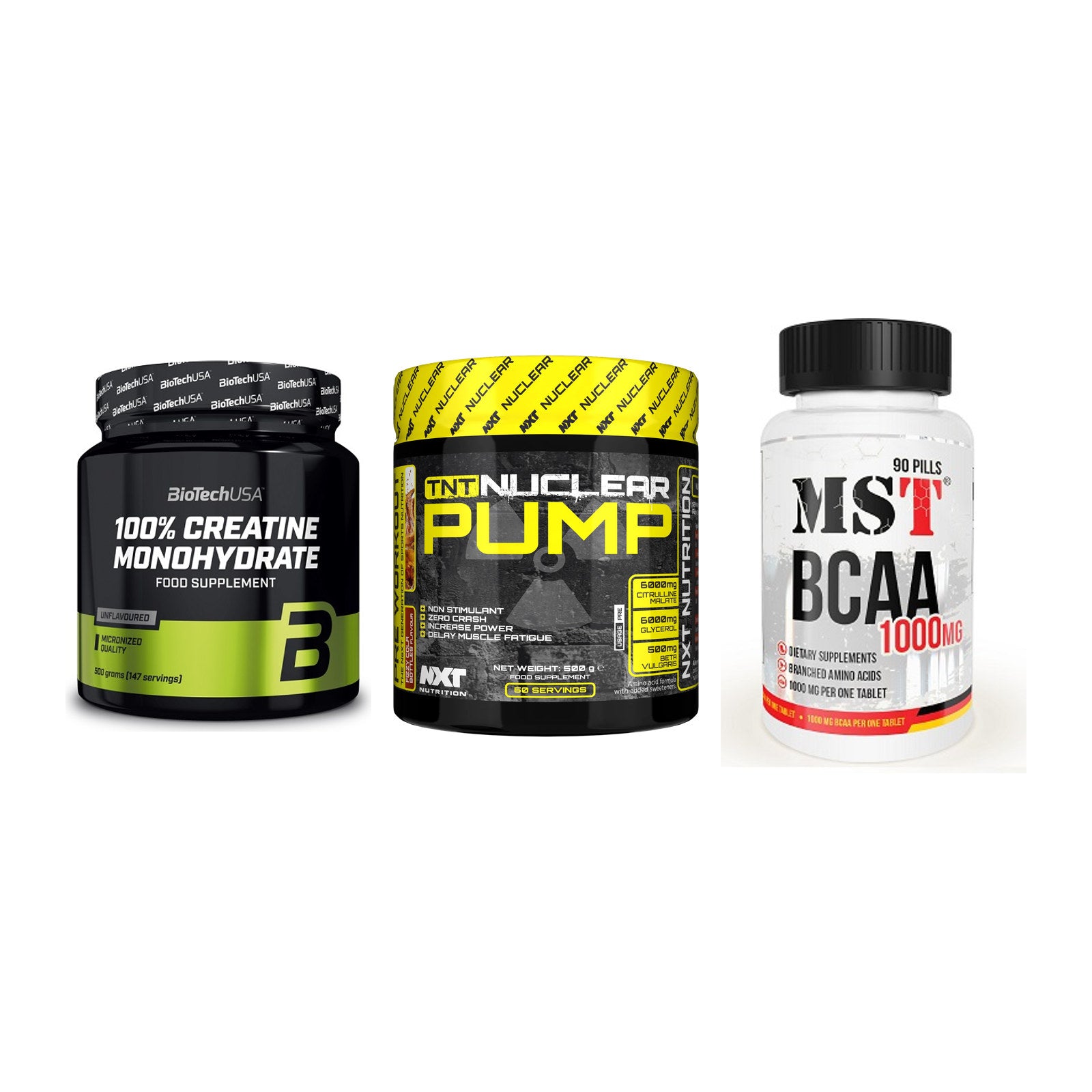 Kraft-Stack: BioTech Creatine + NXT Nutrition TNT + MST BCAA 1000 (90 – alle enthaltenen Artikel