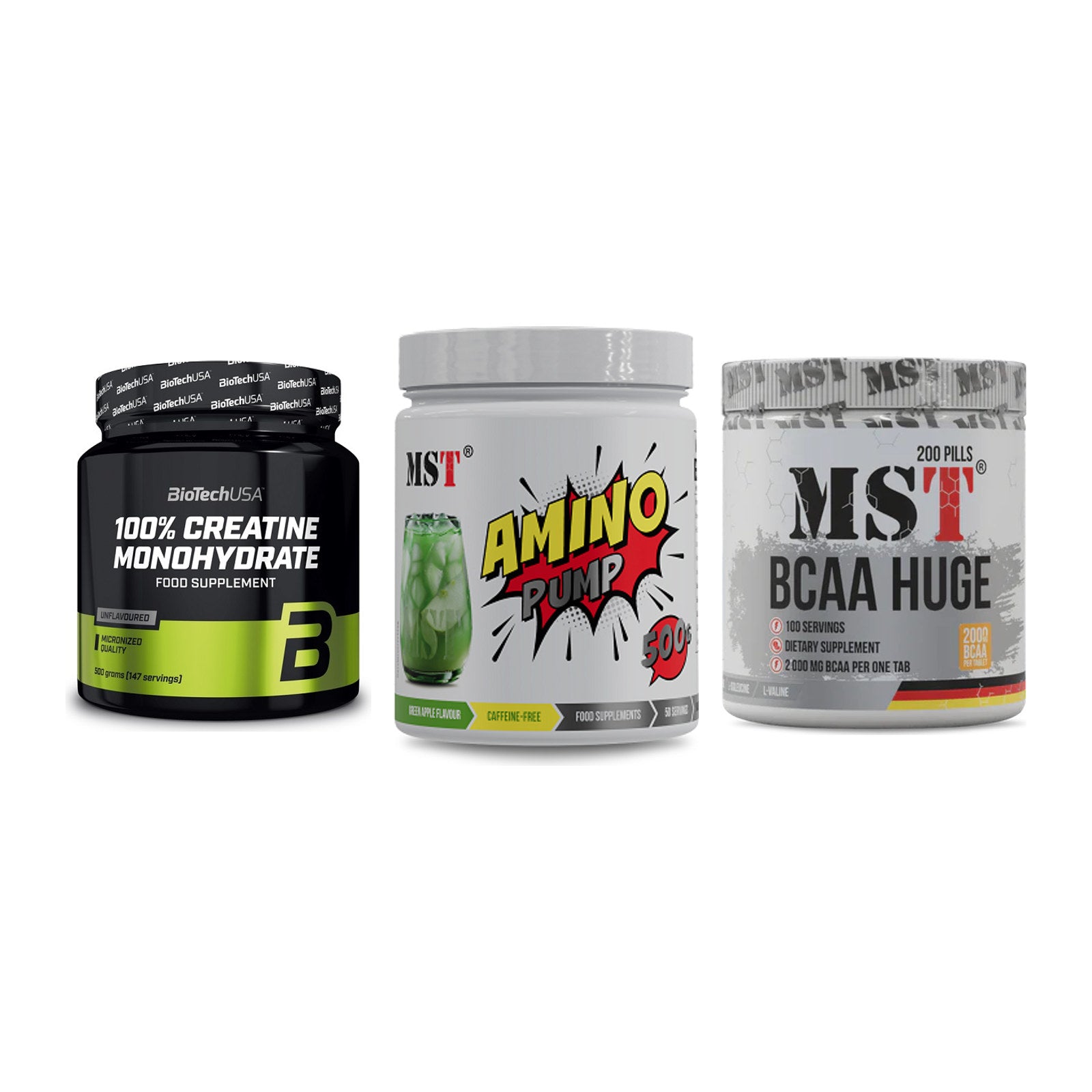 Kraft-Stack: BioTech Creatine + MST Amino Pump + MST BCAA Huge 200 – alle enthaltenen Artikel