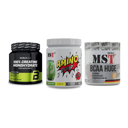 Kraft-Stack: BioTech Creatine + MST Amino Pump + MST BCAA Huge 200 – alle enthaltenen Artikel