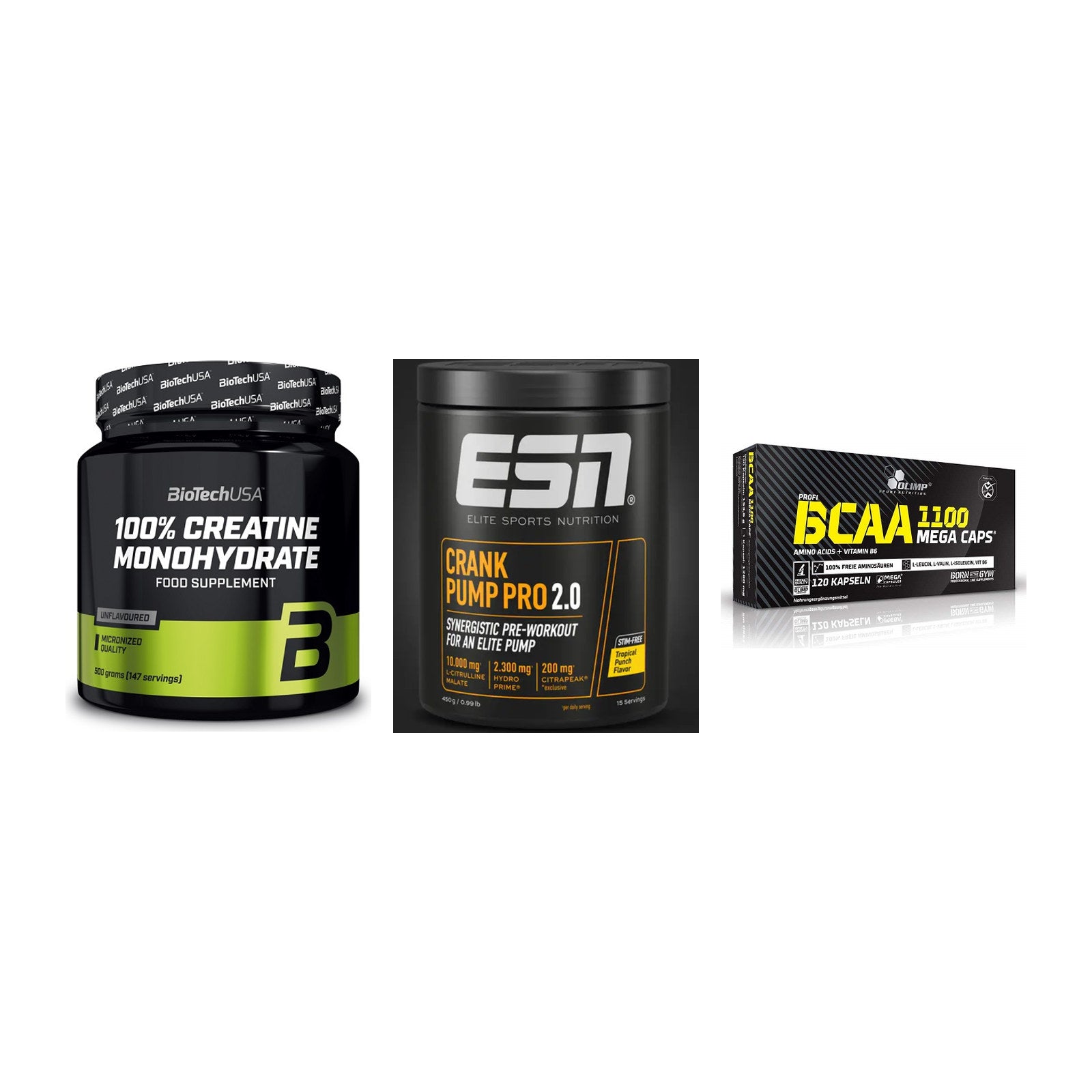 Kraft-Stack: BioTech Creatine + ESN Crank Pump + Olimp BCAA Mega – alle enthaltenen Artikel
