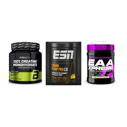 Kraft-Stack: BioTech Creatine + ESN Crank Pump + Scitec EAA Xpress – alle enthaltenen Artikel