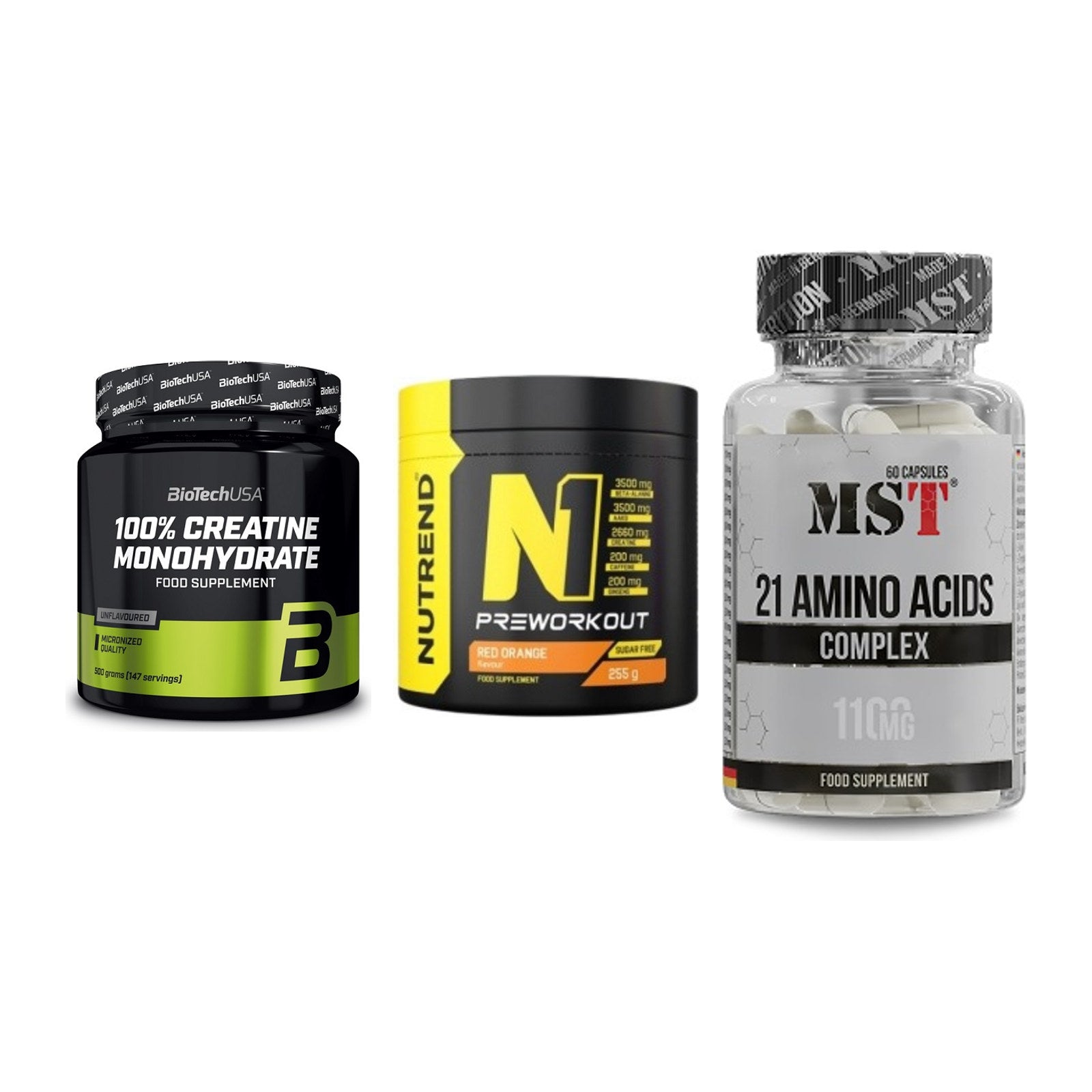 Kraft-Stack: BioTech Creatine + Nutrend N1 + MST 21 Amino – alle enthaltenen Artikel