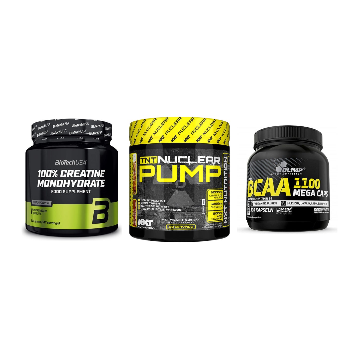 Kraft-Stack: BioTech Creatine + NXT Nutrition TNT + Olimp BCAA Mega – alle enthaltenen Artikel