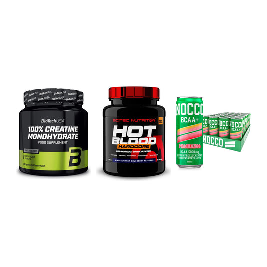 Kraft-Stack: BioTech Creatine + Scitec Hot Blood + Nocco BCAA Drink – alle enthaltenen Artikel