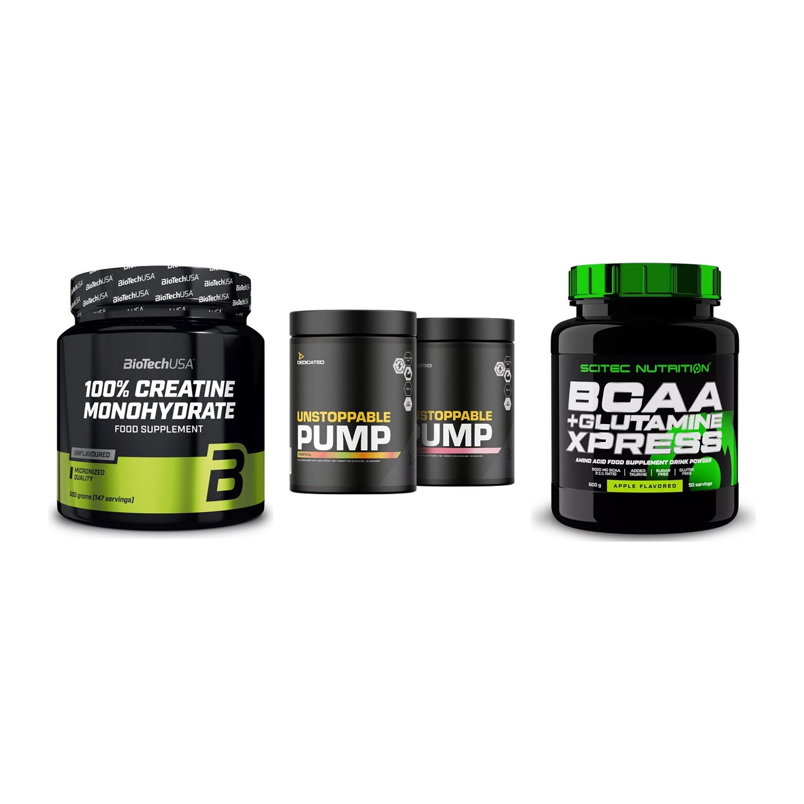 Kraft-Stack: BioTech Creatine + Dedicated + Scitec BCAA – alle enthaltenen Artikel