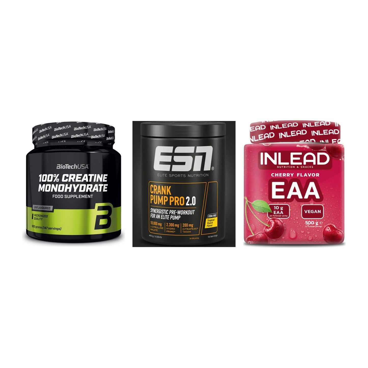 Kraft-Stack: BioTech Creatine + ESN Crank Pump + INLEAD EAA – alle enthaltenen Artikel