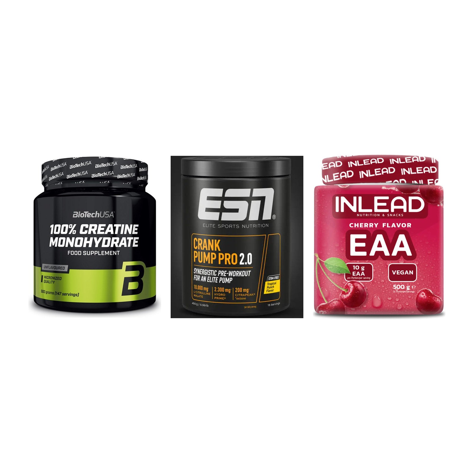 Kraft-Stack: BioTech Creatine + ESN Crank Pump + INLEAD EAA – alle enthaltenen Artikel