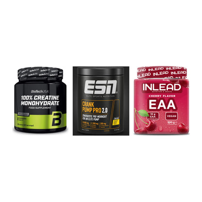 Kraft-Stack: BioTech Creatine + ESN Crank Pump + INLEAD EAA – alle enthaltenen Artikel