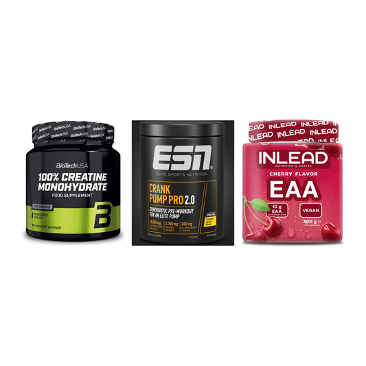 Kraft-Stack: BioTech Creatine + ESN Crank Pump + INLEAD EAA – alle enthaltenen Artikel