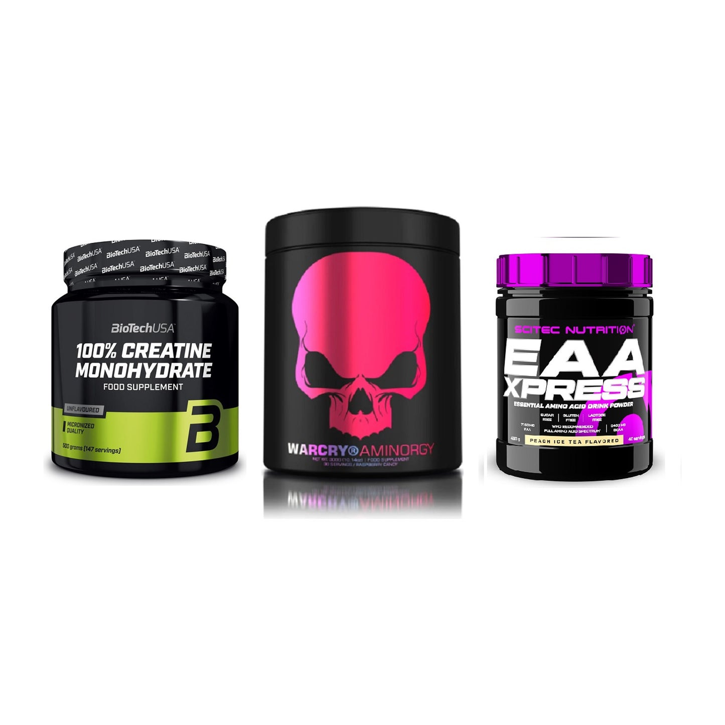 Kraft-Stack: BioTech Creatine + Genius Nutrition + Scitec EAA Xpress – alle enthaltenen Artikel