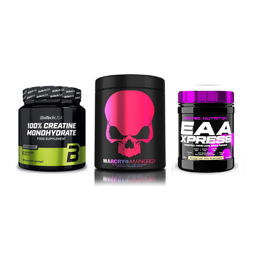 Kraft-Stack: BioTech Creatine + Genius Nutrition + Scitec EAA Xpress – alle enthaltenen Artikel