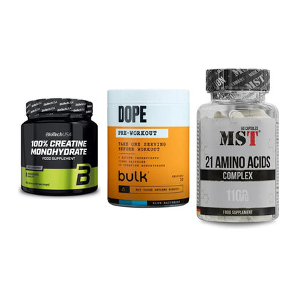 Kraft-Stack: BioTech Creatine + Bulk Dope + MST 21 Amino – alle enthaltenen Artikel
