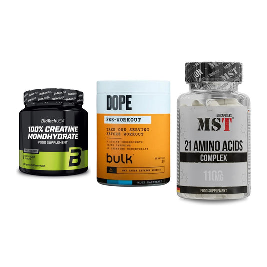 Kraft-Stack: BioTech Creatine + Bulk Dope + MST 21 Amino – alle enthaltenen Artikel