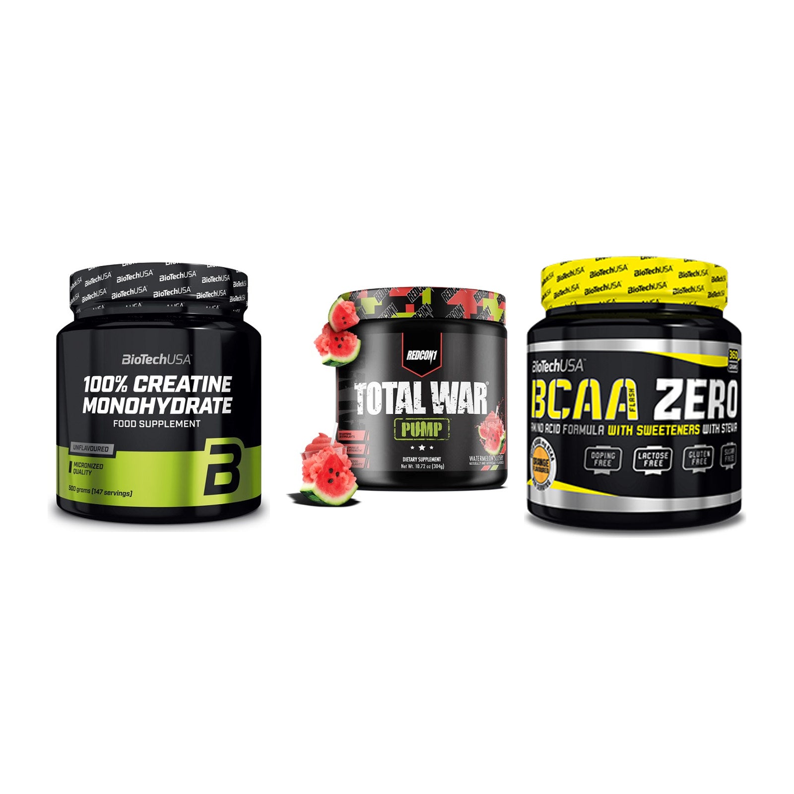 Kraft-Stack: BioTech Creatine + Redcon1 Total War + BioTech BCAA Zero – alle enthaltenen Artikel