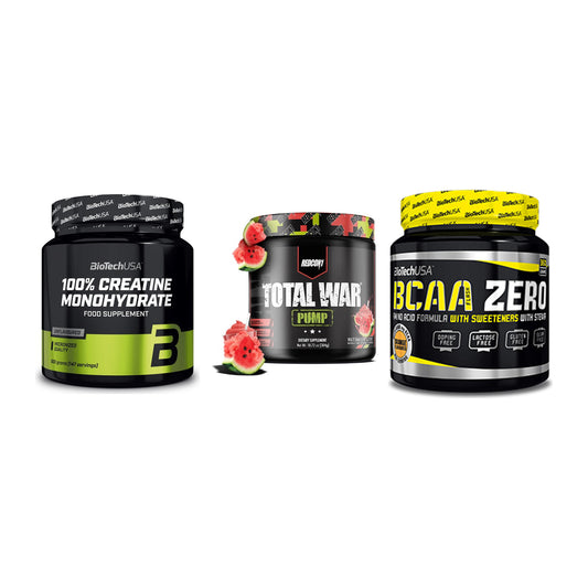 Kraft-Stack: BioTech Creatine + Redcon1 Total War + BioTech BCAA Zero – alle enthaltenen Artikel