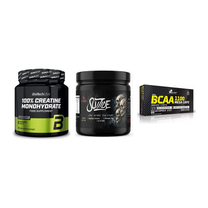 Kraft-Stack: BioTech Creatine + #GYMJUICE SUIZIDE + Olimp BCAA Mega – alle enthaltenen Artikel