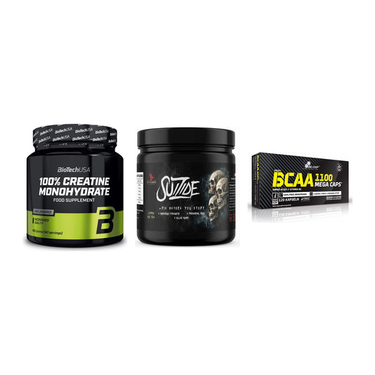 Kraft-Stack: BioTech Creatine + #GYMJUICE SUIZIDE + Olimp BCAA Mega – alle enthaltenen Artikel