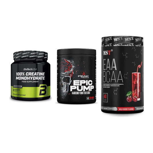 Kraft-Stack: BioTech Creatine + Peak EPIC Pump + MST EAA & BCAA – alle enthaltenen Artikel