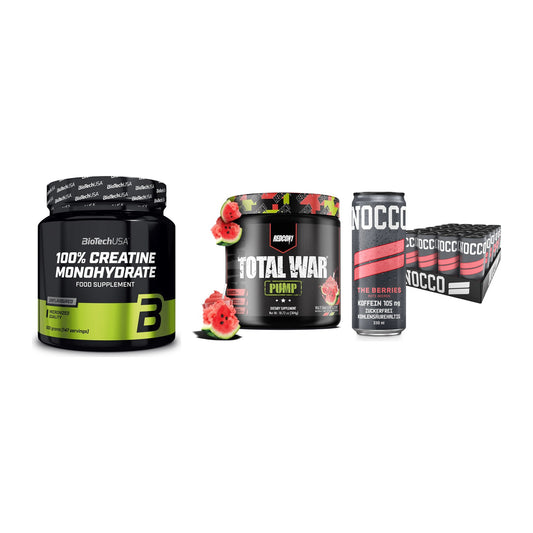 Kraft-Stack: BioTech Creatine + Redcon1 Total War + Nocco BCAA Drink – alle enthaltenen Artikel