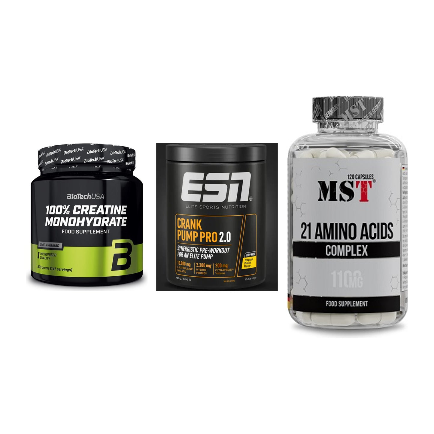 Kraft-Stack: BioTech Creatine + ESN Crank Pump + MST 21 Amino – alle enthaltenen Artikel