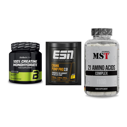 Kraft-Stack: BioTech Creatine + ESN Crank Pump + MST 21 Amino – alle enthaltenen Artikel