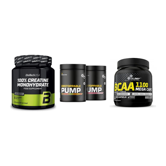 Kraft-Stack: BioTech Creatine + Dedicated + Olimp BCAA Mega – alle enthaltenen Artikel