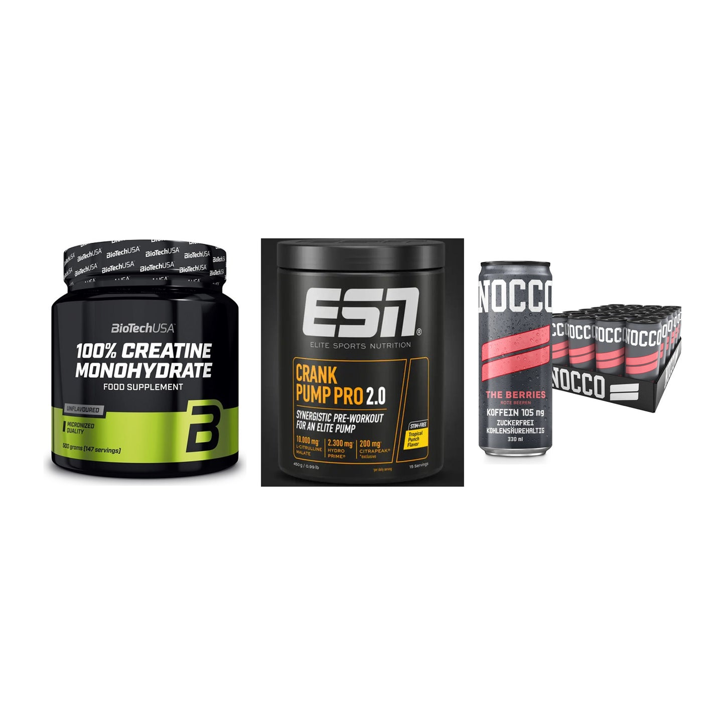 Kraft-Stack: BioTech Creatine + ESN Crank Pump + Nocco BCAA Drink – alle enthaltenen Artikel