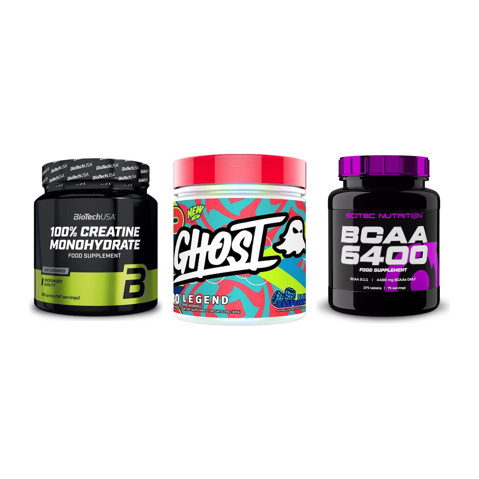 Kraft-Stack: BioTech Creatine + Ghost Legend V4 + Scitec BCAA 6400 – alle enthaltenen Artikel