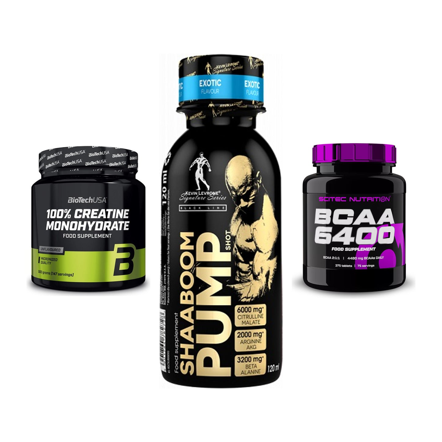 Kraft-Stack: BioTech Creatine + Kevin Levrone + Scitec BCAA 6400 – alle enthaltenen Artikel