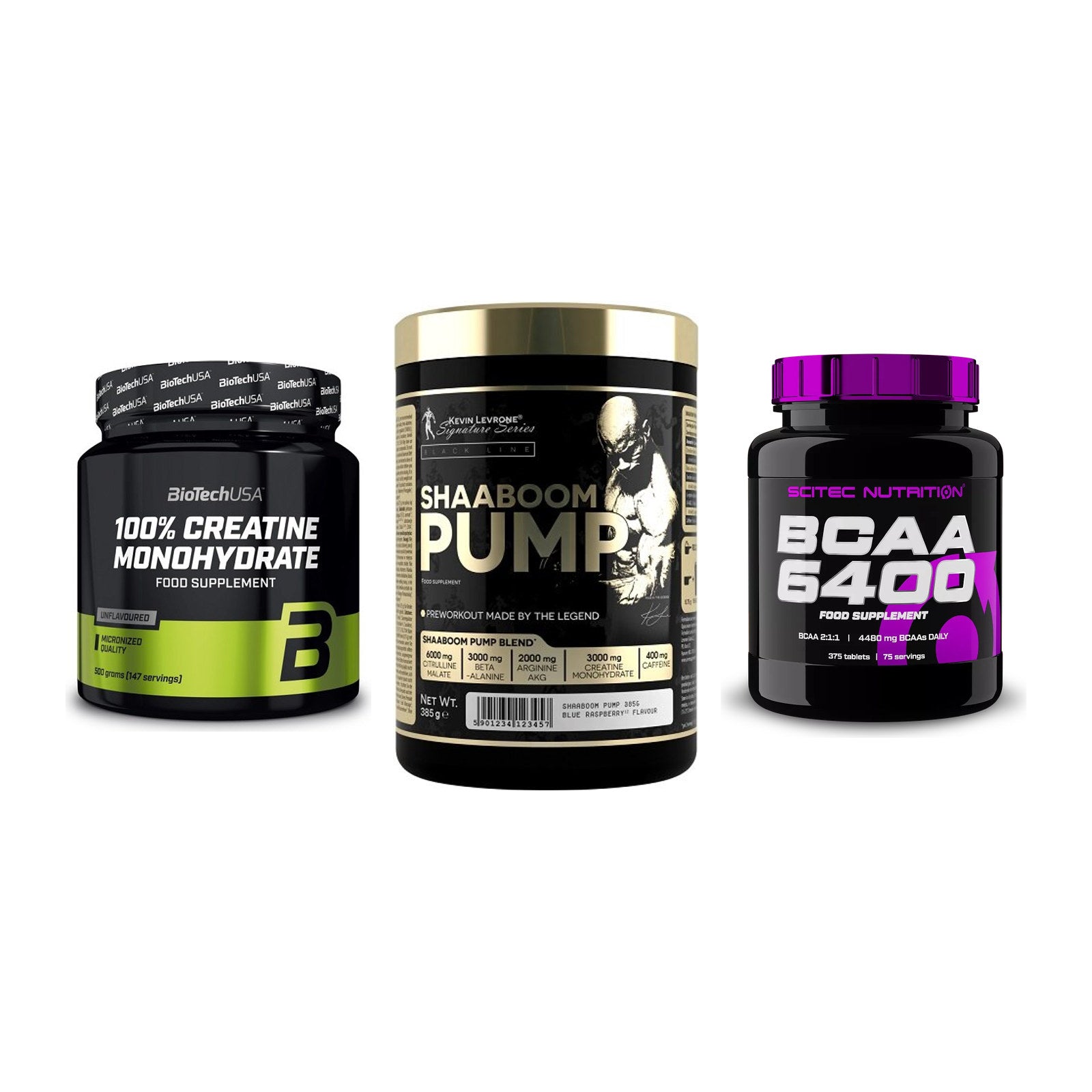 Kraft-Stack: BioTech Creatine + Kevin Levrone + Scitec BCAA 6400 – alle enthaltenen Artikel