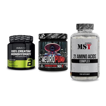Kraft-Stack: BioTech Creatine + MST NeuroPump + MST 21 Amino – alle enthaltenen Artikel