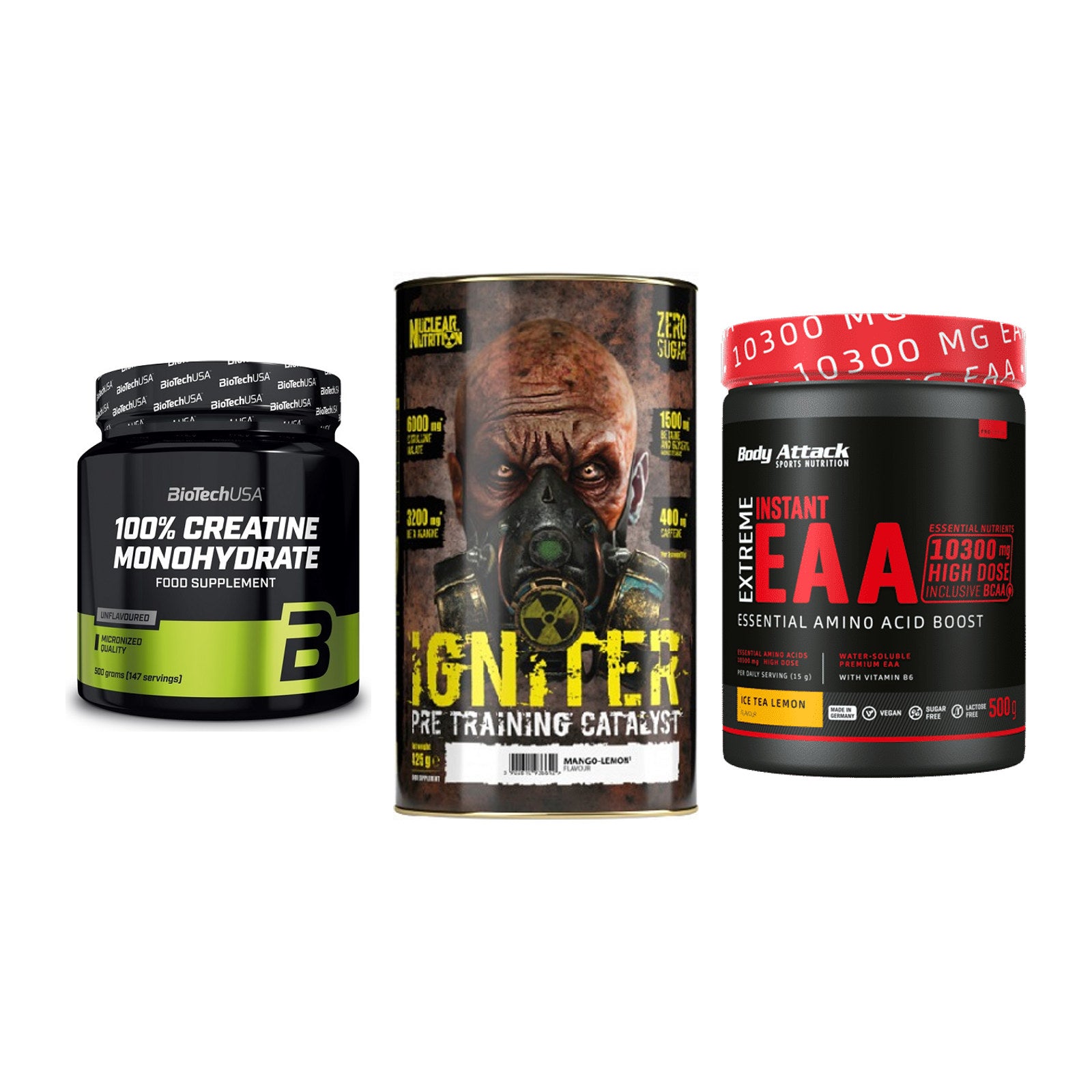 Kraft-Stack: BioTech Creatine + Nuclear Nutrition + Body Attack – alle enthaltenen Artikel