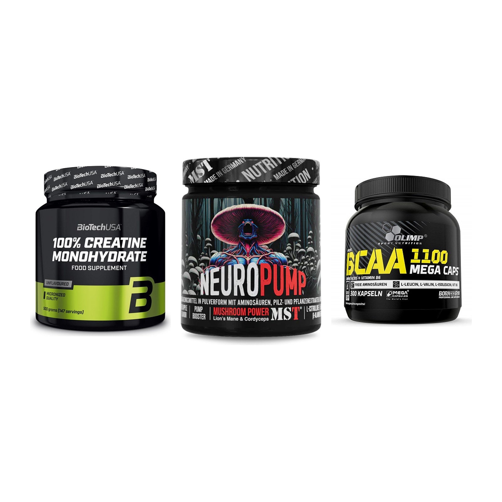 Kraft-Stack: BioTech Creatine + MST NeuroPump + Olimp BCAA Mega – alle enthaltenen Artikel