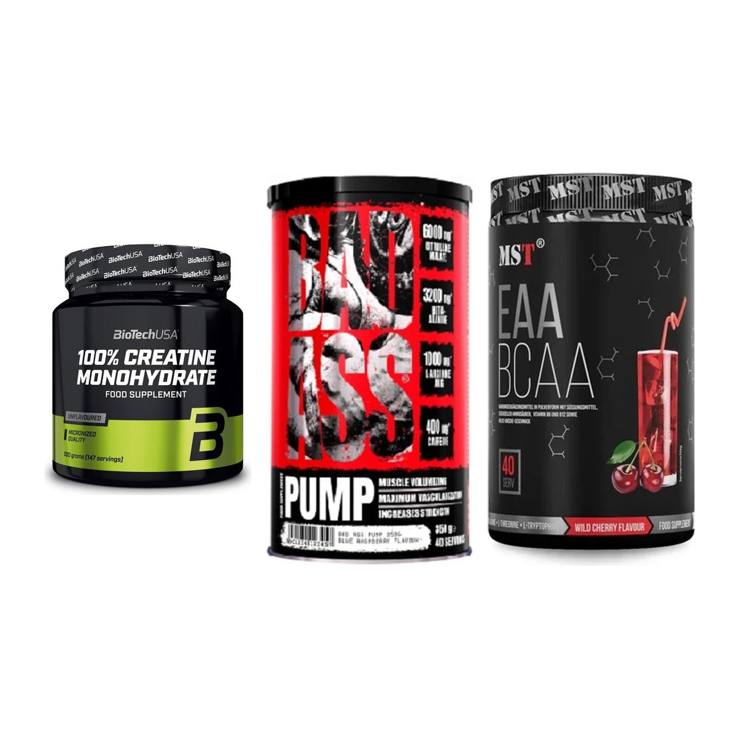 Kraft-Stack: BioTech Creatine + BAD ASS Pump 350g + MST EAA & BCAA – alle enthaltenen Artikel