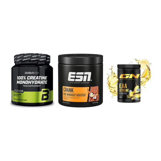 Kraft-Stack: BioTech Creatine + ESN Crank Booster + GN EAA Xtreme – alle enthaltenen Artikel