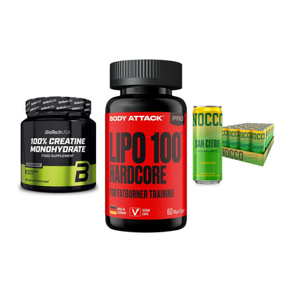 Kraft-Stack: BioTech Creatine + Body Attack LIPO + Nocco BCAA Drink – alle enthaltenen Artikel