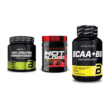 Kraft-Stack: BioTech Creatine + Scitec Hot Blood + BioTech BCAA+B6 – alle enthaltenen Artikel