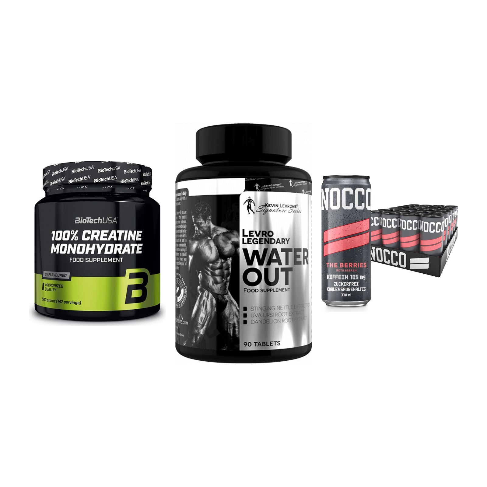 Kraft-Stack: BioTech Creatine + Kevin Levrone + Nocco BCAA Drink – alle enthaltenen Artikel