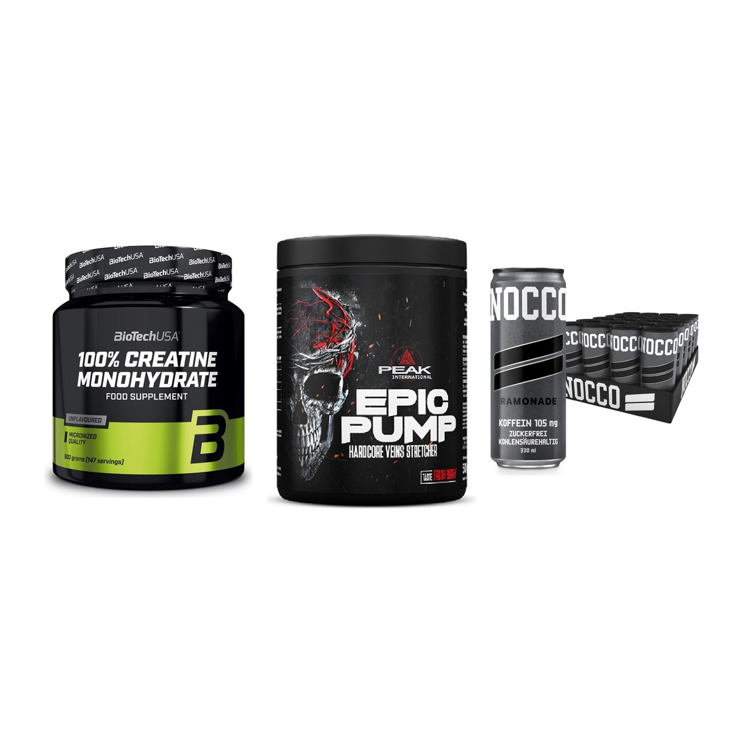 Kraft-Stack: BioTech Creatine + Peak EPIC Pump + Nocco BCAA Drink – alle enthaltenen Artikel