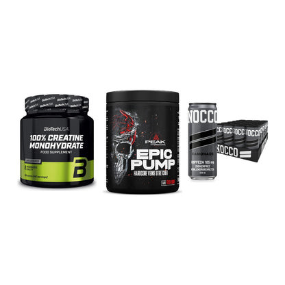 Kraft-Stack: BioTech Creatine + Peak EPIC Pump + Nocco BCAA Drink – alle enthaltenen Artikel