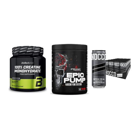 Kraft-Stack: BioTech Creatine + Peak EPIC Pump + Nocco BCAA Drink – alle enthaltenen Artikel