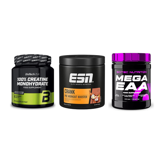 Kraft-Stack: BioTech Creatine + ESN Crank Booster + Scitec Mega EAA – alle enthaltenen Artikel