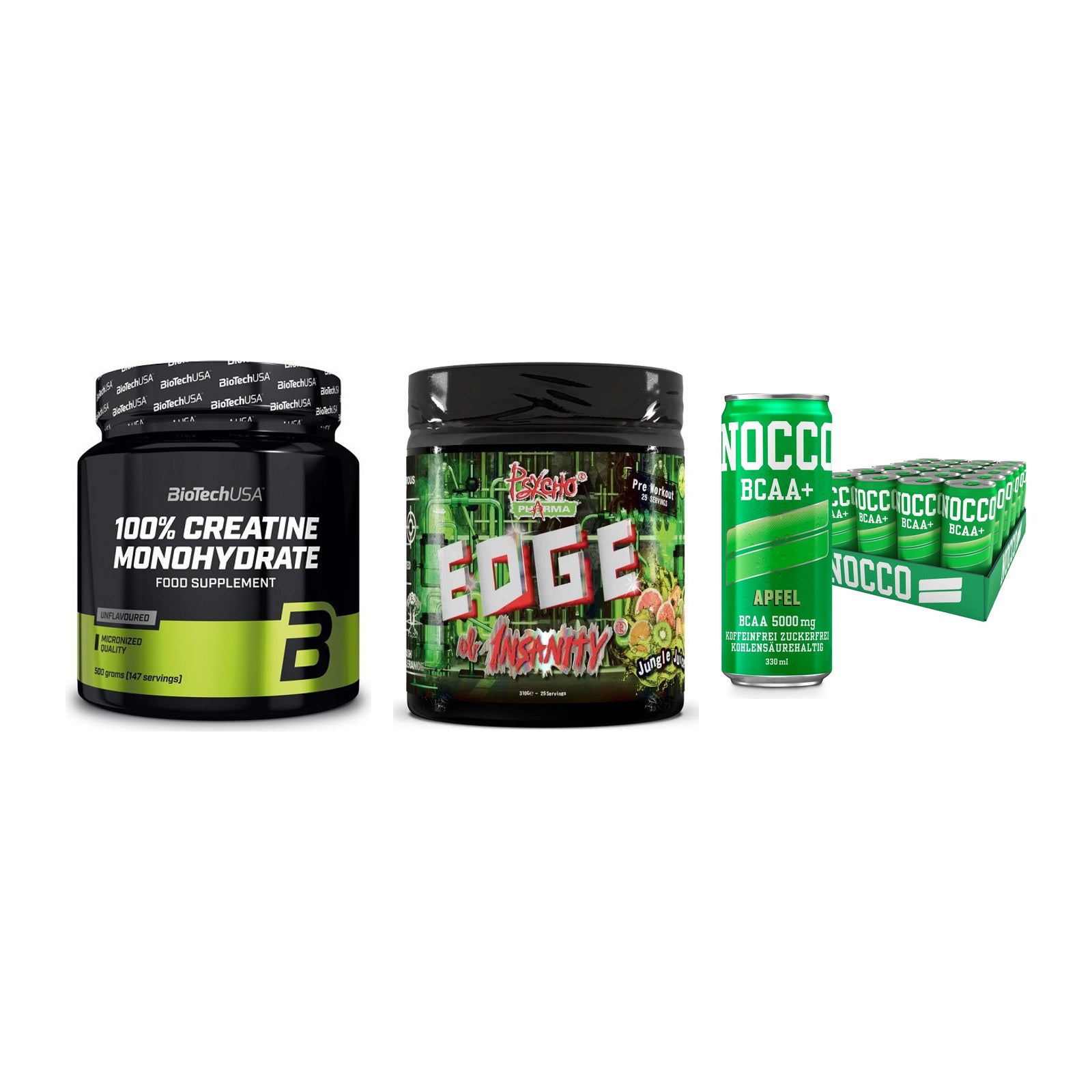 Kraft-Stack: BioTech Creatine + Psycho Pharma + Nocco BCAA Drink – alle enthaltenen Artikel