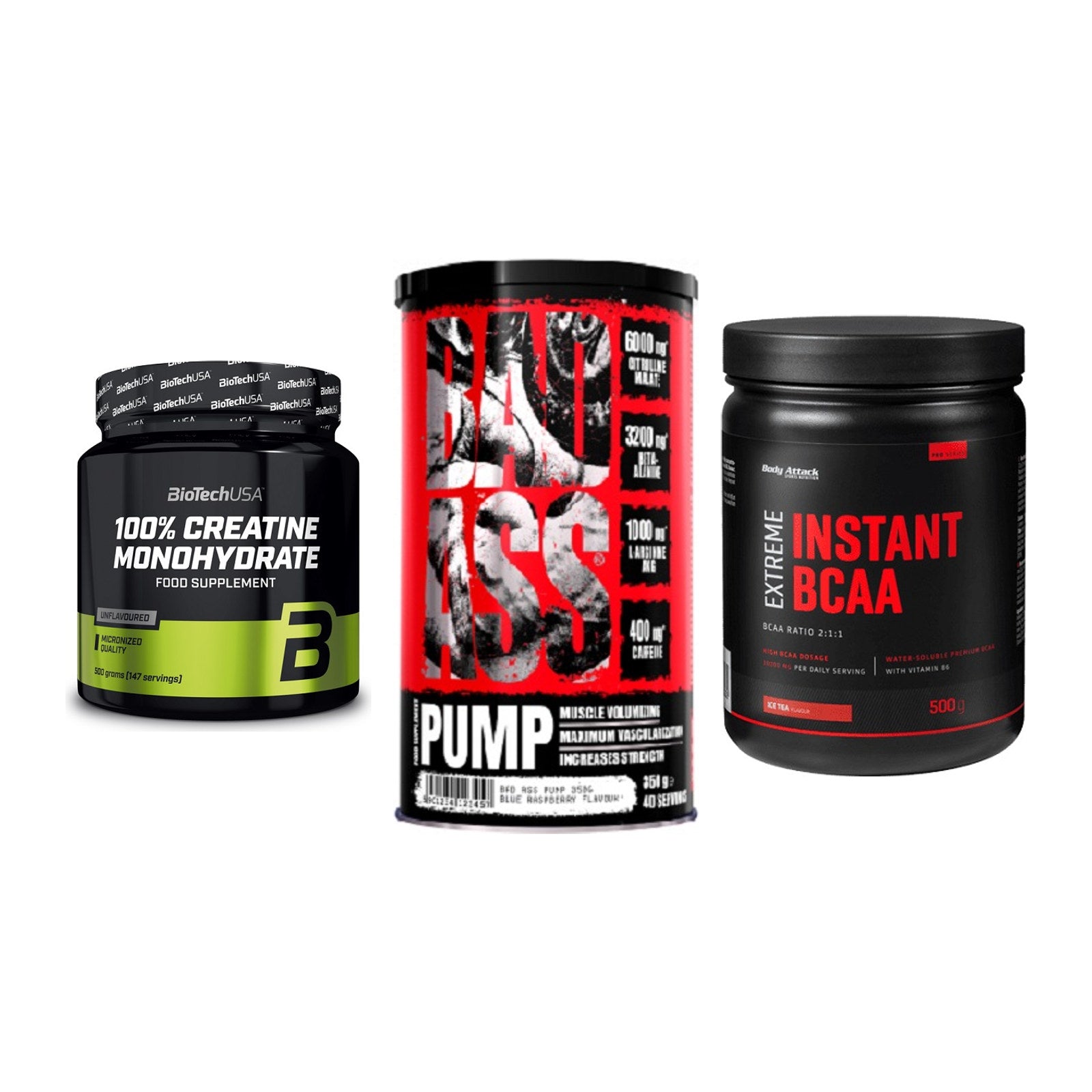 Kraft-Stack: BioTech Creatine + BAD ASS Pump + Body Attack – alle enthaltenen Artikel