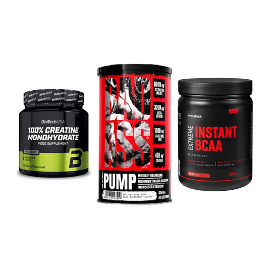 Kraft-Stack: BioTech Creatine + BAD ASS Pump + Body Attack – alle enthaltenen Artikel