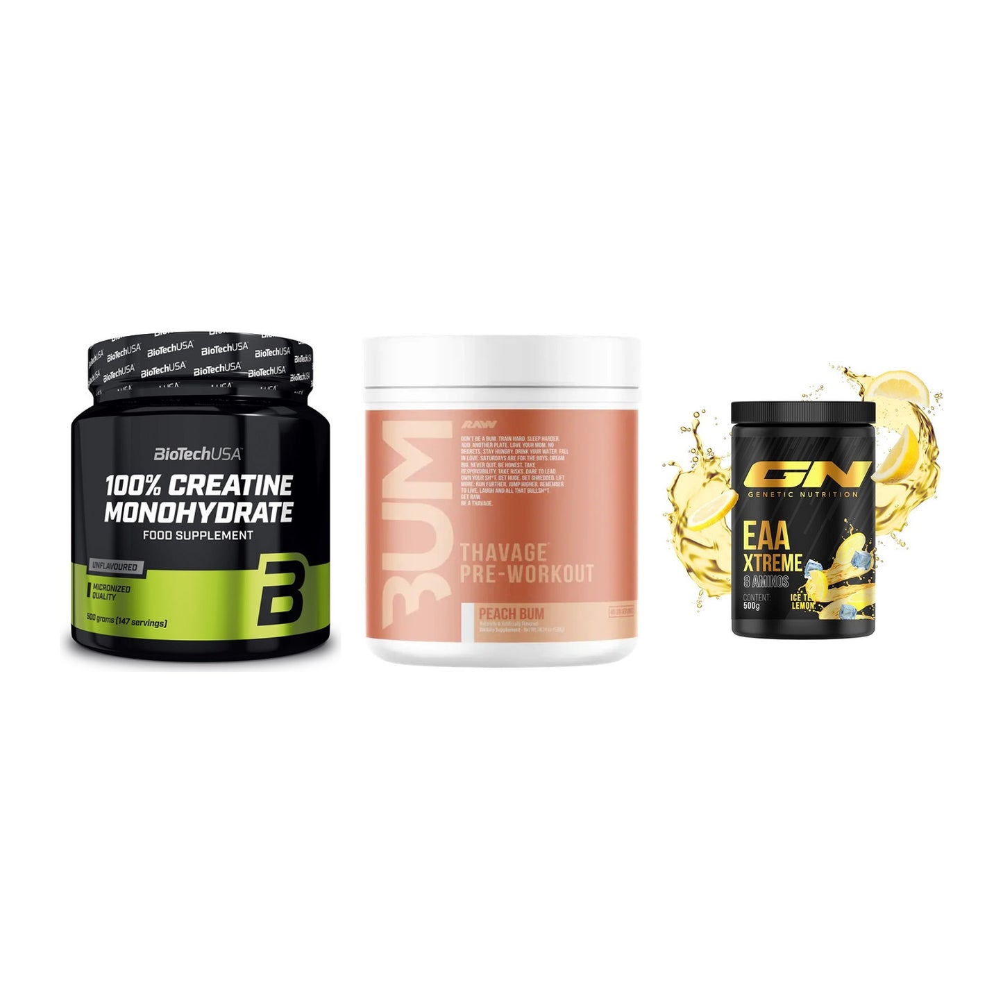 Kraft-Stack: BioTech Creatine + RAW Nutrition + GN EAA Xtreme – alle enthaltenen Artikel